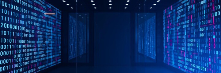Virtual binary code hologram displayed in an abstract empty interior background, conveying AI and machine learning concept through a multiexposure effect, abstract, interior