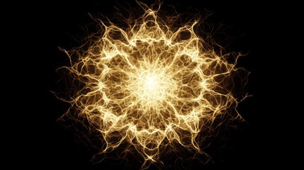 Golden energy fractal, glowing mandala on black.
