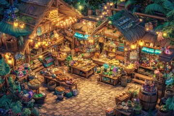 Fototapeta premium A vibrant market scene filled with colorful fruits, vegetables, and decorative lights.