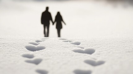 Silhouetted couple walking on snow with heart-shaped footprints in winter