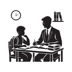 Tutor at a desk with a student silhouette vector art  black color design and solid white background 