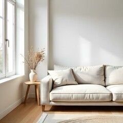 A minimalist living room with a beige sofa, a wooden side table with a vase of dried flowers, and a large window letting in natural light