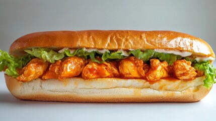 Spicy buffalo chicken sub with lettuce and sauce on hoagie roll