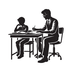 Tutor at a desk with a student silhouette vector art  black color design and solid white background 