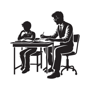 recommend clip art: Tutor at a desk with a student silhouette vector art  black color design and solid white background 