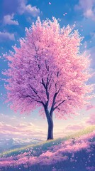 Naklejka premium A magnificent and beautiful cherry blossom tree standing alone, with a beautiful view