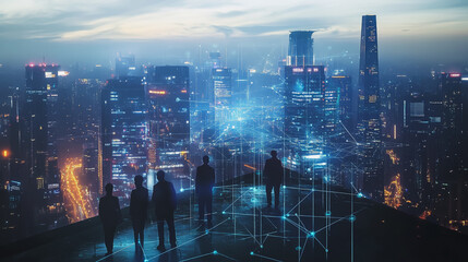 abstract professional business team people innovation connection of line from nail node to node on Smart Innovation city with connection cyber security network reciprocity , networking concept