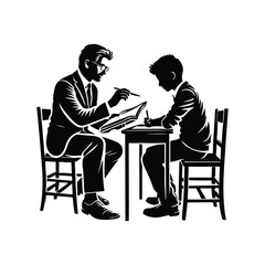 Tutor at a desk with a student silhouette vector art  black color design and solid white background 