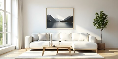 A minimalist living room with a white sofa, wooden coffee table, and a framed landscape artwork on the wall