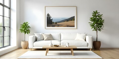 A minimalist living room with a white sofa, wooden coffee table, and a framed landscape artwork on the wall