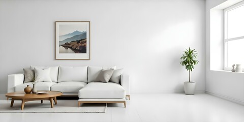 A minimalist living room with a white sofa, wooden coffee table, and a framed landscape artwork on the wall