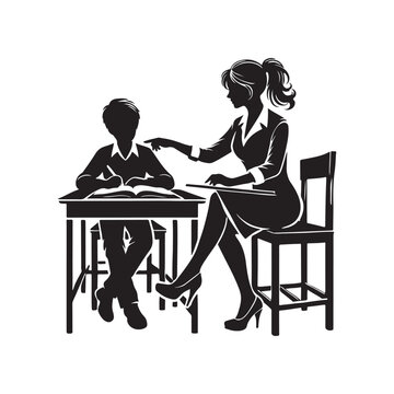 recommend clip art: Tutor at a desk with a student silhouette vector art  black color design and solid white background 