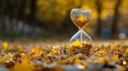 Concept of changing seasons with hourglass filled with autumn leaves.Changing seasons. Autumn leaves in hourglass. Transition of time and nature.Autumn decor, seasonal change theme, nature photography