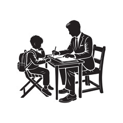 Tutor at a desk with a student silhouette vector art  black color design and solid white background 