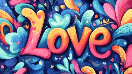 Obraz premium Vibrant colorful word LOVE surrounded by hearts and floral designs.