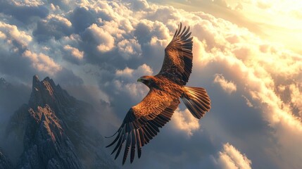 Obraz premium Golden eagle soaring above majestic mountains at sunset.