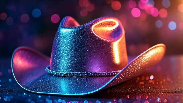 Glittering cowboy hat on a dark background with bokeh lights. Neon colors, pink and blue, in the style of ultra-realistic photography.