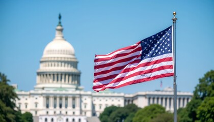 U.S. Capitol with American flag waving on July 4th.Independence Day. National pride. America&rsquo;s symbol of freedom. patriotic theme, celebration, national holiday, outdoor event, U.S. flag, event promot