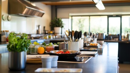 A serene cooking classroom with chef's tools and fresh ingredients, Culinary tools and kitchen stations arranged for a cooking class, Gourmet kitchen style