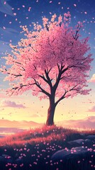 A magnificent and beautiful cherry blossom tree standing alone, with a beautiful view