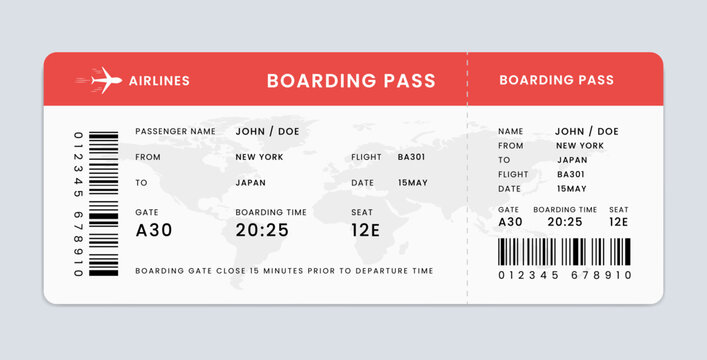 Boarding Pass Template with Sample Text. Airplane Ticket , Air Travel or Trip Concept, Vector Illustration