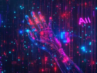 Obraz premium AI Robotic Hand Interacting With Digital Data Stream