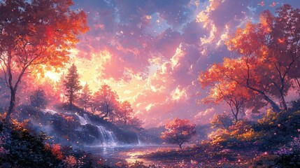 Obraz premium A serene landscape at sunset, featuring waterfalls, vibrant autumn foliage, and a tranquil lake.