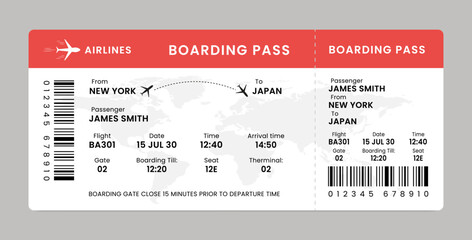 Boarding pass. Airplane ticket template. Vector illustration of Airline flight pass concept.