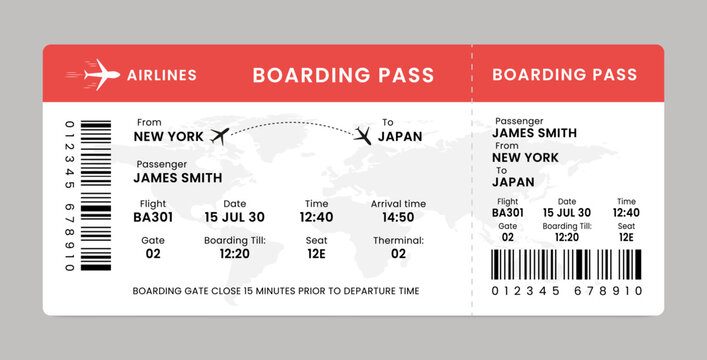 Boarding pass. Airplane ticket template. Vector illustration of Airline flight pass concept.