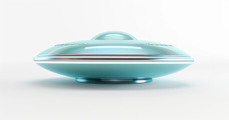A sleek, turquoise UFO model with a shiny surface, showcasing a futuristic design. isolated on white background