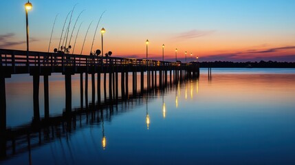 Fototapeta premium A serene fishing pier at dusk with twinkling harbor lights reflecting on calm waters, Fishing rods and tackle under a colorful evening sky and peaceful harbor, Harbor tranquility style