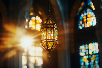 Ornate Lantern Glow: Stained Glass Window Light, Architectural Interior.