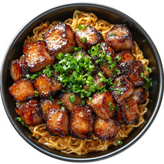 Extreme top view of an extremely perfect looking Char Siu Noodles in a dark bamboo bowl isolated on a white transparent background