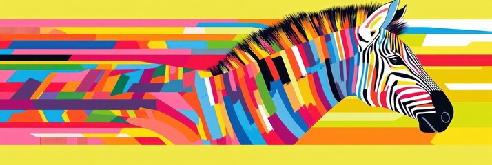 Colorful abstract zebra head in vibrant motion.