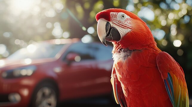 Scarlet macaw perched outdoors, red car blurred background.