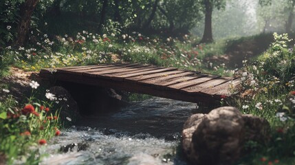 Rustic wooden footbridge spanning a small creek in a sun-dappled forest meadow, surrounded by wildflowers.