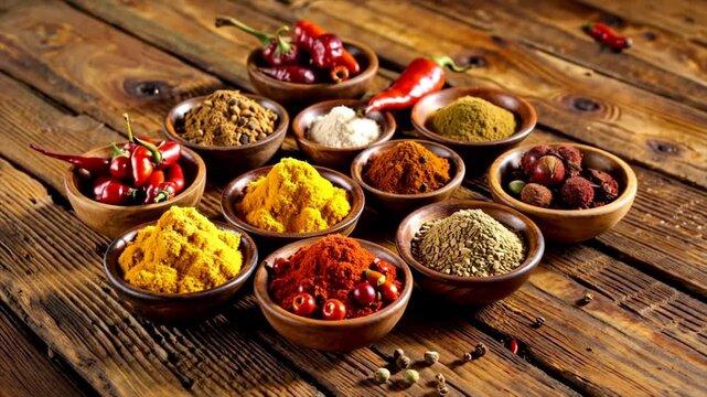 Assorted Indian Spices and Masalas in Bowls, Vibrant Colors and Aromatic Ingredients.