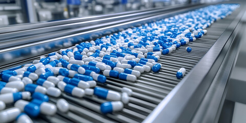 Fototapeta premium Pharmaceutical Production Line for Blue Capsules