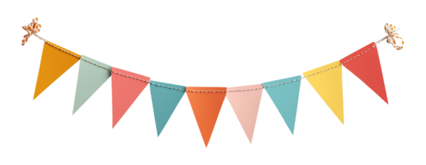 Bright and cheerful triangular bunting flags in vibrant colors, aligned horizontally on a transparent background. Perfect for festive designs and party themes