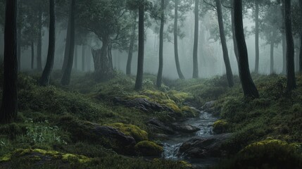 Naklejka premium Misty forest stream flows through mossy rocks and tall trees.