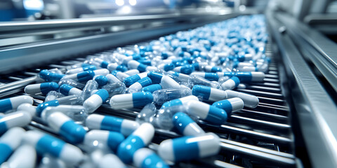 Obraz premium Pharmaceutical Production Line for Blue Capsules