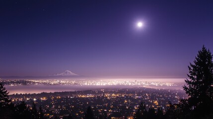 Fototapeta premium Night cityscape with mountain and moon.