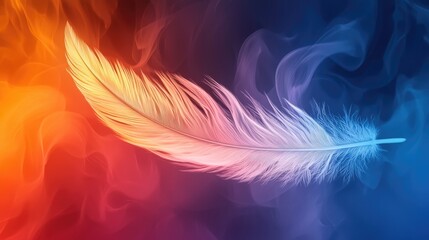 A colorful feather floats gracefully against a vibrant, smoky background, blending hues of orange and blue for a surreal, artistic effect.