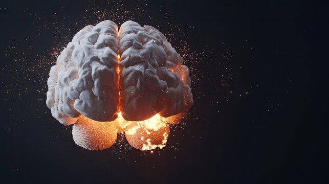 A glowing brain appears to be exploding with sparks, representing creativity, knowledge, and the power of thought against a dark background.