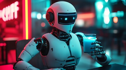 Fototapeta premium Humanoid Robot Sitting in a Futuristic Cafe Setting, Enjoying a Drink in an Atmosphere Full of Neon Lights and Modern Decor