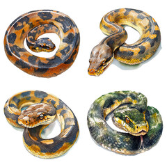 Obraz premium A set of four illustrations, a snake. Watercolor drawing
