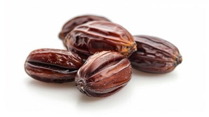 Obraz premium Close-up of raw jojoba seeds showcasing their natural texture and rich earthy tones, isolated on a white background. Jojoba. Ayurveda.