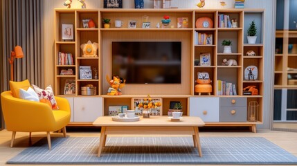 Fototapeta premium Cozy living room with yellow armchair, wooden shelving unit, TV, and coffee table.