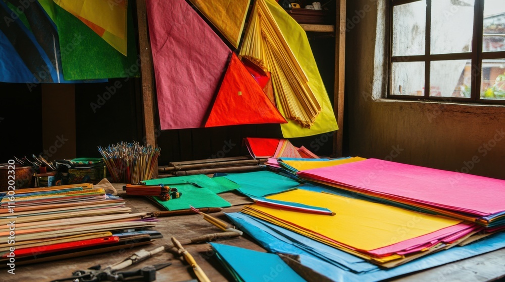 Poster a serene kite-making workshop with colorful paper and kite-making tools, kite-making tools arranged 
