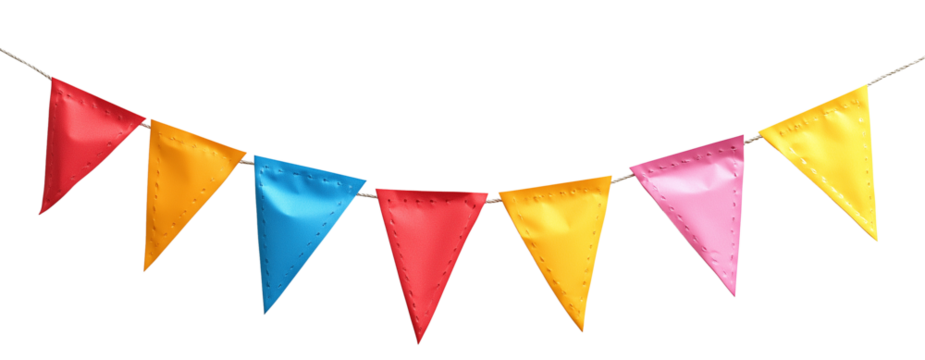 Vibrant bunting flags in red, blue, yellow, and pink, aligned horizontally on a transparent background. Great for party decor themes